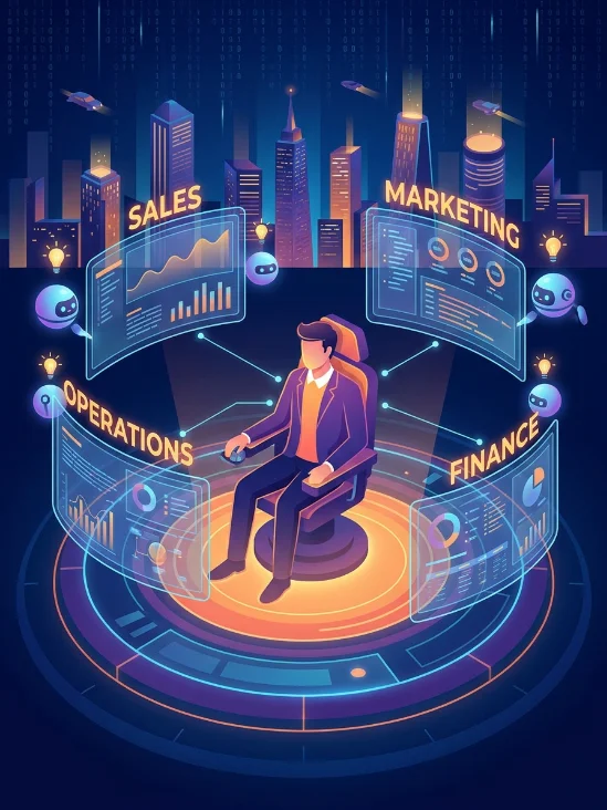 Ilustrasi AI Agent otomasi bisnis: dashboard sales, marketing, operasional, dan finance yang terhubung otomatis