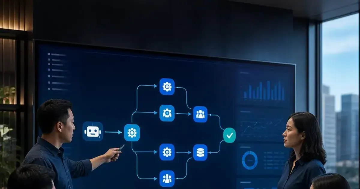 Tim bisnis dan teknis meninjau workflow implementasi AI Agent dengan checkpoint persetujuan