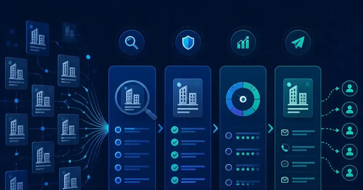 Mesin lead generation B2B memproses data perusahaan melalui riset verifikasi dan scoring