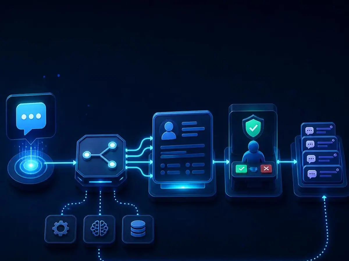 Arsitektur webhook WhatsApp dengan router CRM approval dan antrean follow-up