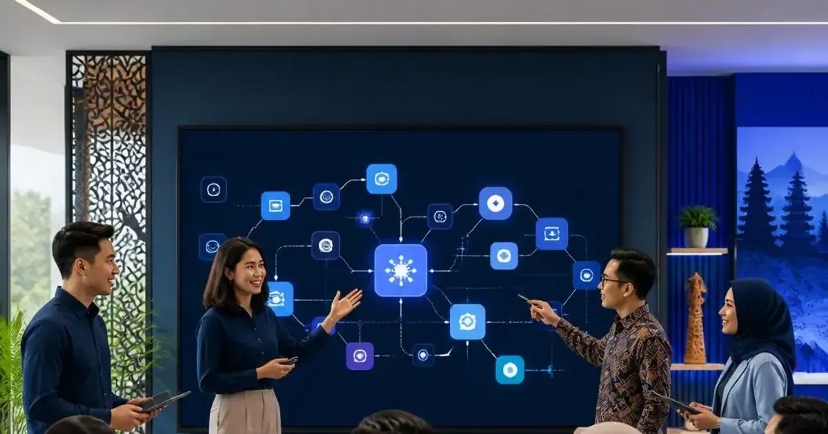 Tim perusahaan mengikuti workshop in-house AI Agent dengan workflow abstrak di layar