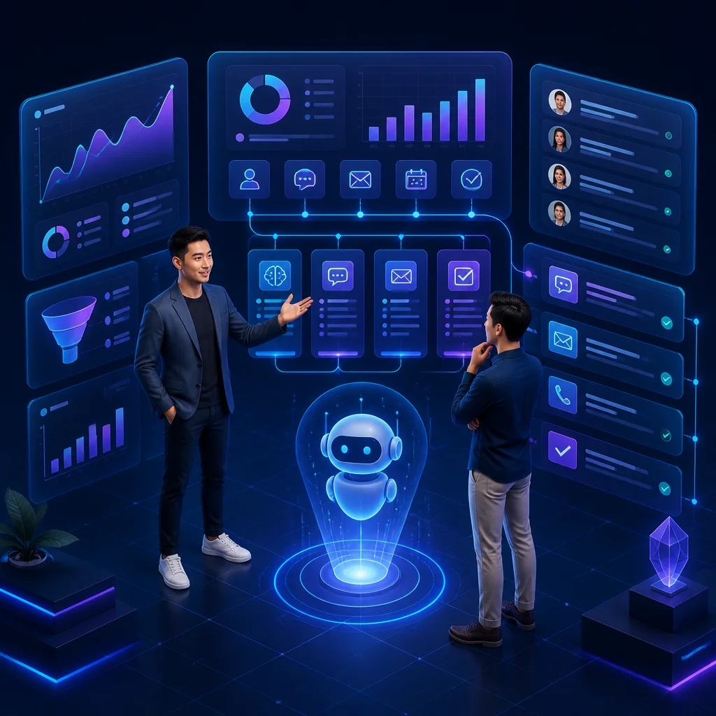 Ilustrasi pelatihan AI Agent: coach membimbing pengusaha dengan dashboard otomasi sales, marketing, operasional, dan finance